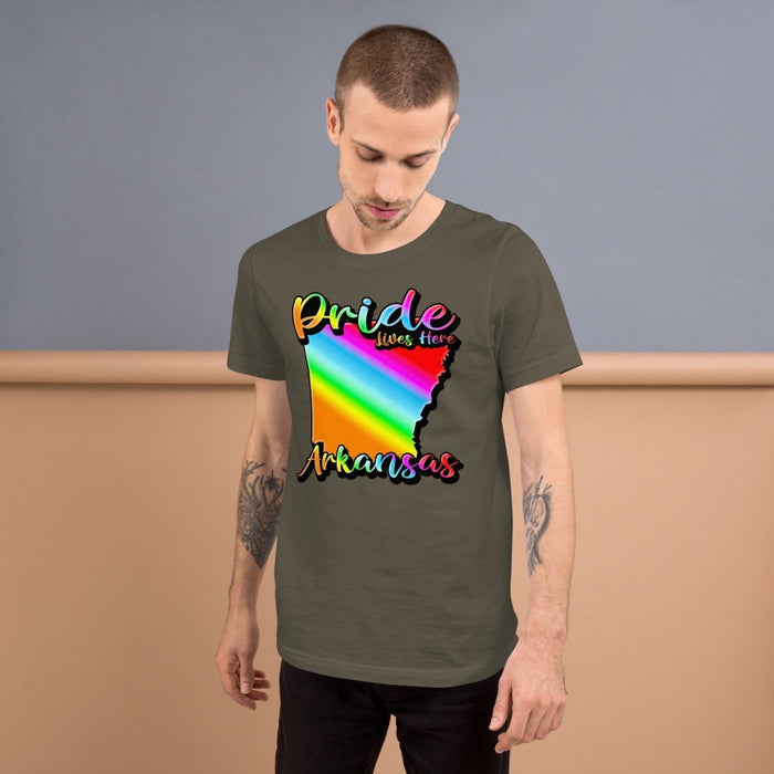 Arkansas State Shape - Pride Lives Here Design Unisex t-shirt - The Dude Abides - T-Shirt - Birthday Gift - boyfriend - Celebrating diversity and inclusivity through pride-themed products