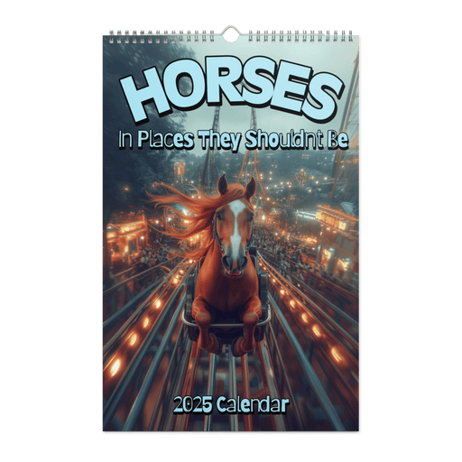 Horses in Places They Shouldn't Be Wall calendar (2025) - The Dude Abides® - Print Material - 2025 gifts - absurd images in a comedic calendar - absurd photography