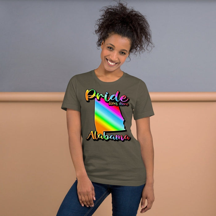 Pride Lives Here - Alabama- State Design Unisex t-shirt - The Dude Abides - T-Shirt - absurd humor - Gay Pride Month - individuality