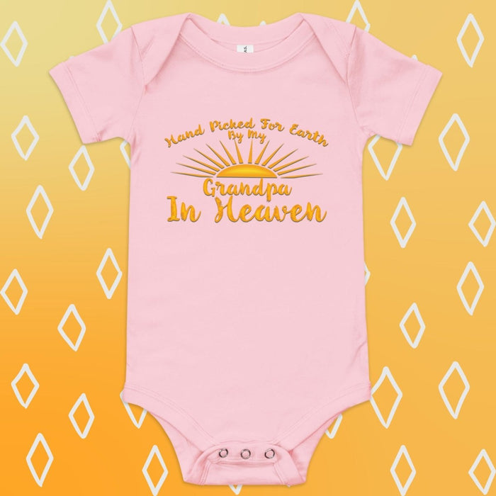 Hand Picked For Earth By My Grandpa In Heaven Design Pink Baby short sleeve one piece - The Dude Abides - Baby Clothing