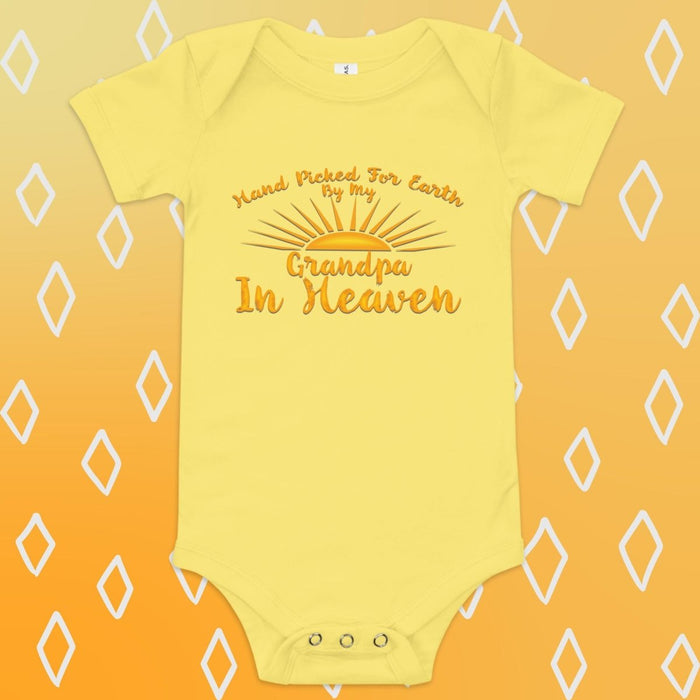 Hand Picked For Earth By My Grandpa In Heaven Design Yellow Baby short sleeve one piece - The Dude Abides - Baby Clothing