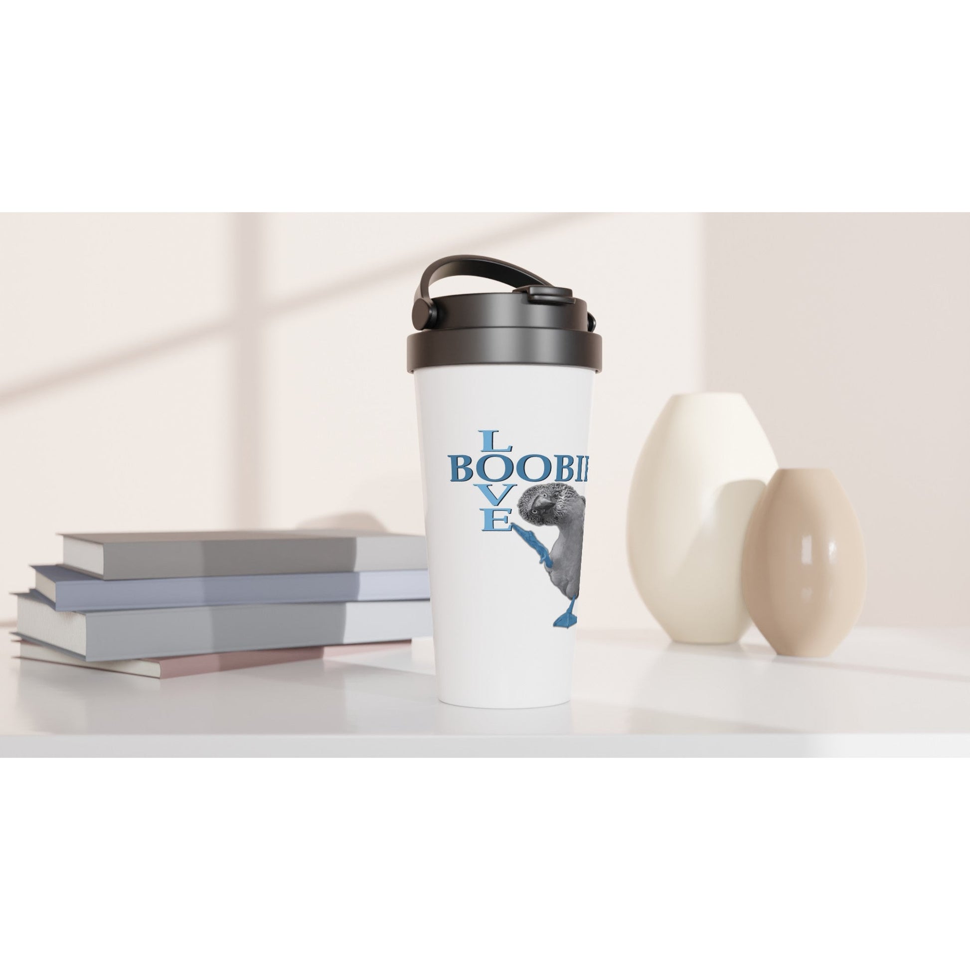 Love Boobies White 15oz Stainless Steel Travel Mug - The Dude Abides - Water Bottle - adorable - animal - blue footed booby